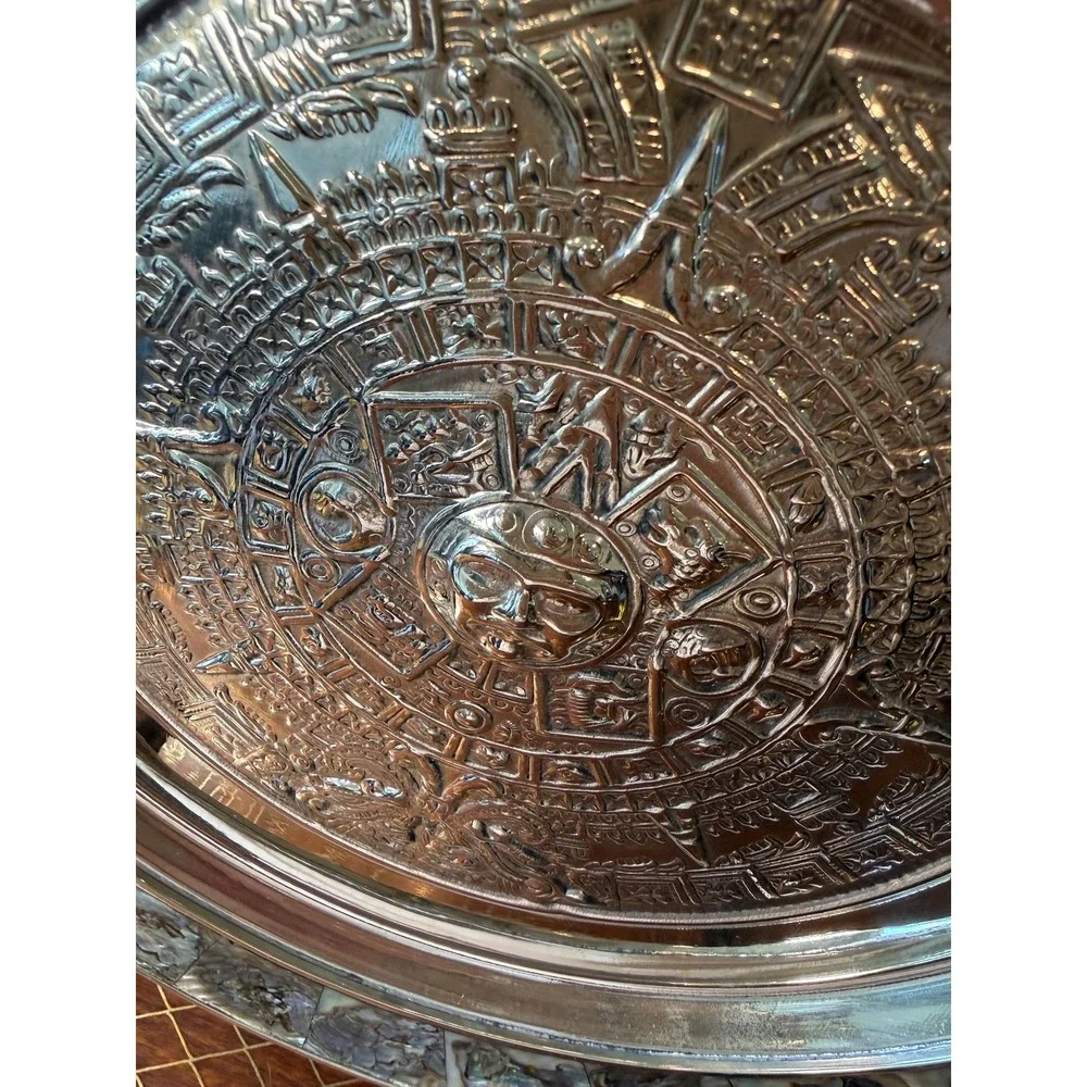 Vintage Aztec Calendar Wall‎ Plate - Alpaca Mexico Silver with Abalone Inlay